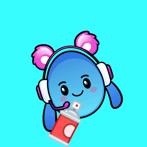 a cartoon character wearing headphones and holding a spray can with a letter c on it