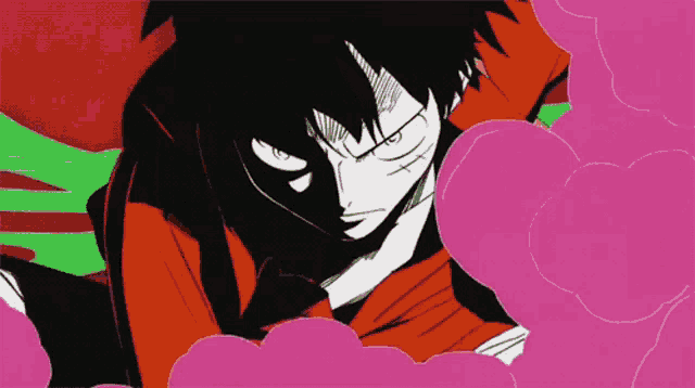 a drawing of luffy from one piece surrounded by pink and green smoke