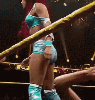 a female wrestler is standing in a wrestling ring .
