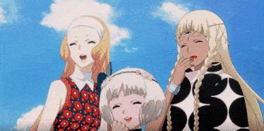 three anime girls are standing next to each other with one wearing a polka dot shirt