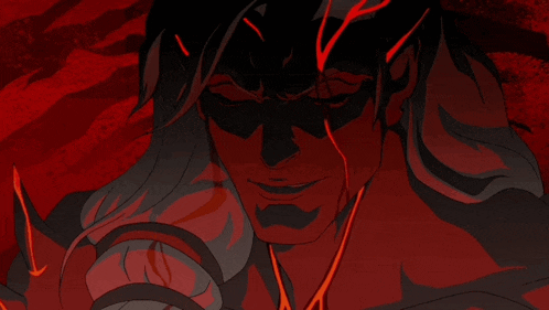 a cartoon drawing of a man with red eyes and long hair