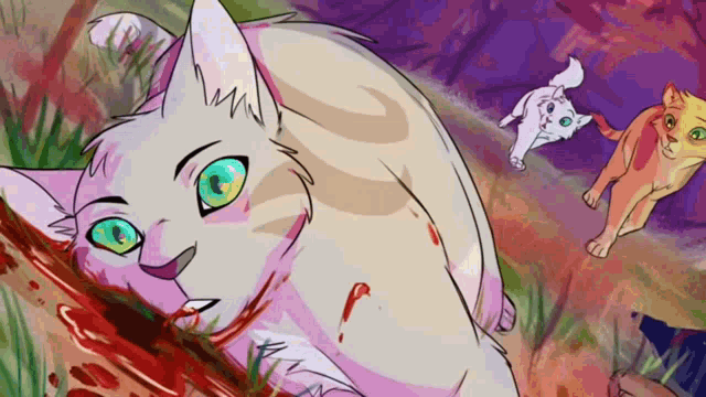 a drawing of a white cat with green eyes laying on the ground