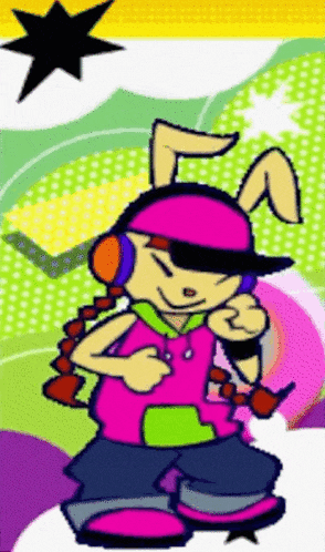 a cartoon character wearing headphones and a bunny hat
