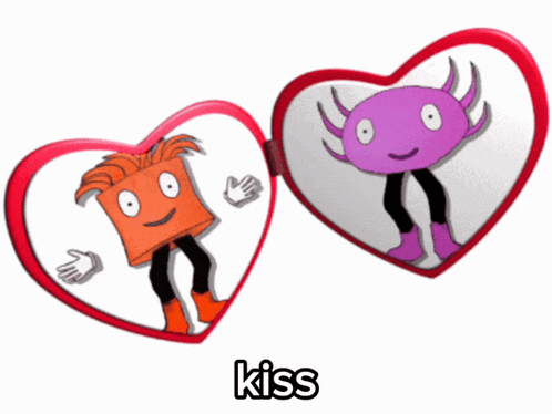 two cartoon characters in heart shaped frames with the word kiss underneath them