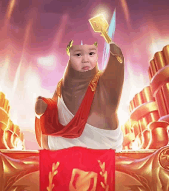 a baby in a roman costume holds a sword