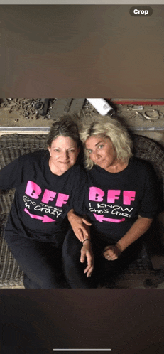 two women wearing black shirts that say bff
