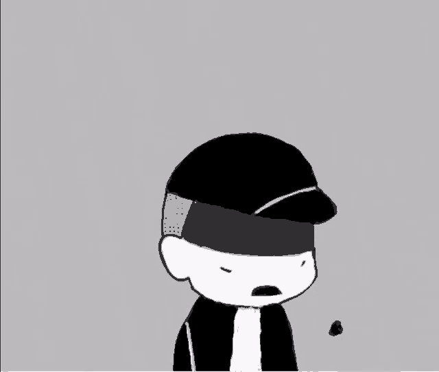 a black and white drawing of a man with his tongue sticking out