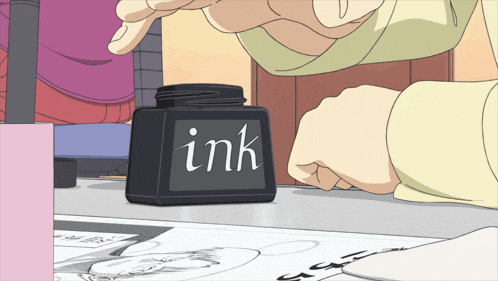 a black ink bottle sits on a table in a cartoon