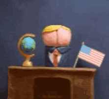 a cartoon of donald trump giving a speech with a globe and an american flag behind him