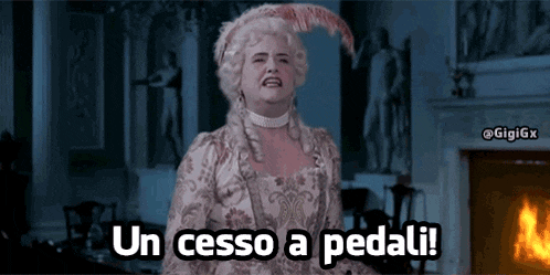 a woman in a costume says un cesso a pedali