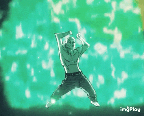 a man is jumping in the air with a green background behind him and the word imgplay is visible