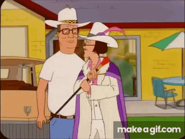 a man in a cowboy hat is standing next to a woman in a white coat .