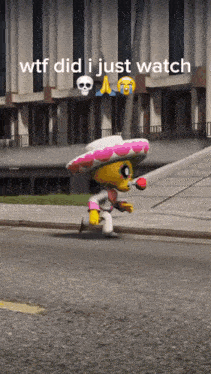 a cartoon character wearing a sombrero is running down a street