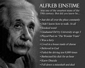 a black and white photo of alfred einstme with a list of his achievements