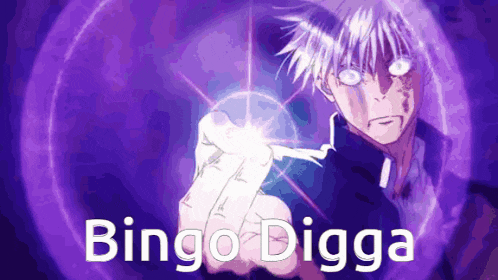 a person is holding a purple object in their hand and says bingo digga .