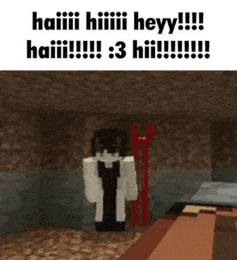 a minecraft character is standing in a room with the words haiii hiiiiii heyy !!! haiii !!! 3 hii !!!