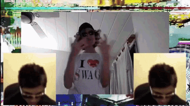 a man wearing a shirt that says i love swag is giving the middle finger