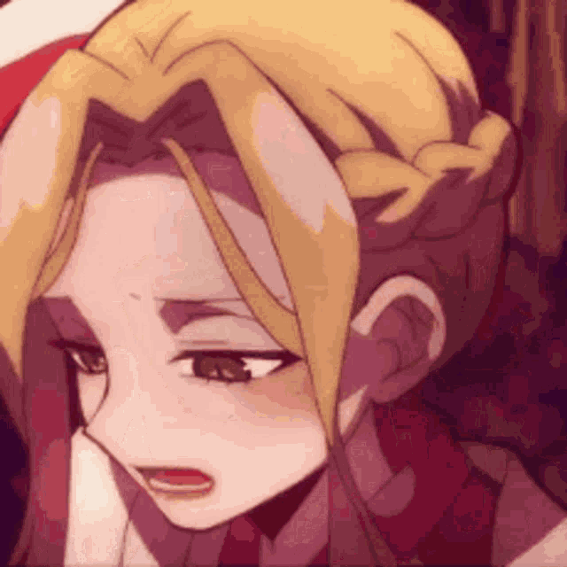 a close up of a anime girl with blonde hair and brown eyes