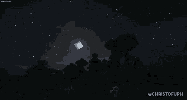 the moon is visible in the night sky above a minecraft world