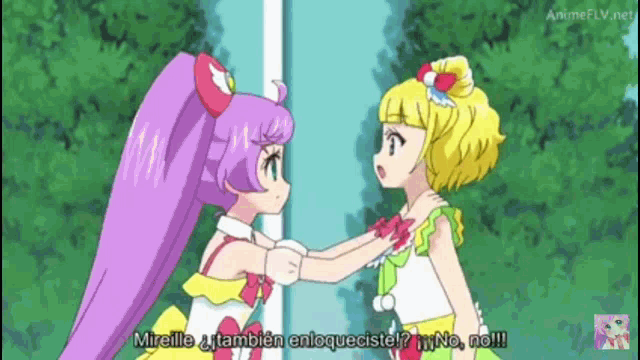 two anime girls are standing next to each other and one of them is asking the other " mireille "