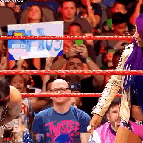 a woman in a purple wig is standing in a wrestling ring with a crowd behind her holding signs .