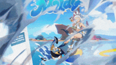 a cartoon drawing of a girl riding a wave with the words shop all forms wave-chasing