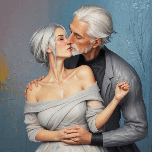 a man with a beard kisses a woman on the cheek