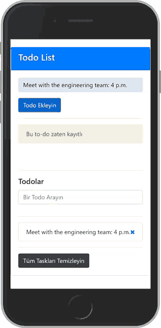 a cell phone displays a todo list for meeting the engineering team at 4 p.m.