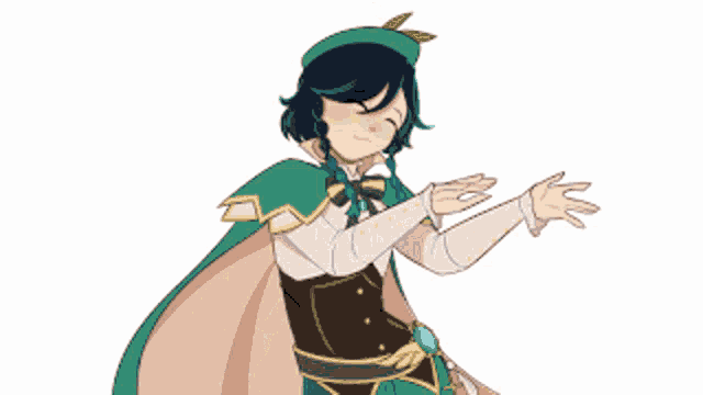 a cartoon drawing of a girl with blue hair and a green cape