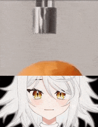 a close up of a anime girl 's face with a bottle of salt and pepper behind her .