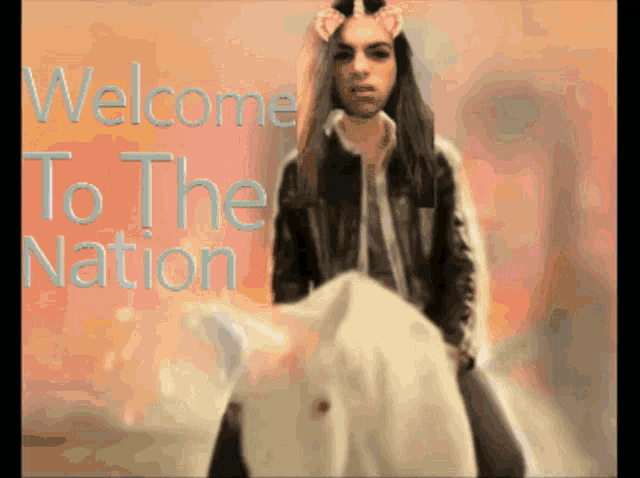 a welcome to the nation poster with a woman holding a unicorn