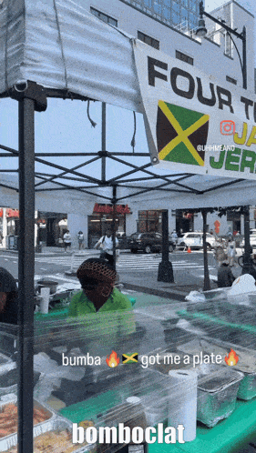 a food stand with a sign that says four to jerk on it