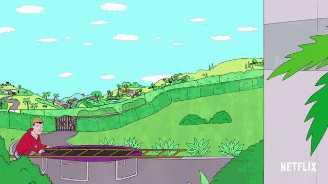a cartoon of a man playing a trampoline with a netflix logo in the background