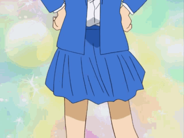 a girl in a blue suit with a red bow tie