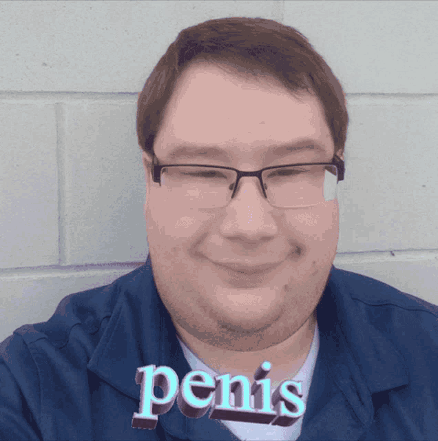 a man wearing glasses and a shirt with penis written on it