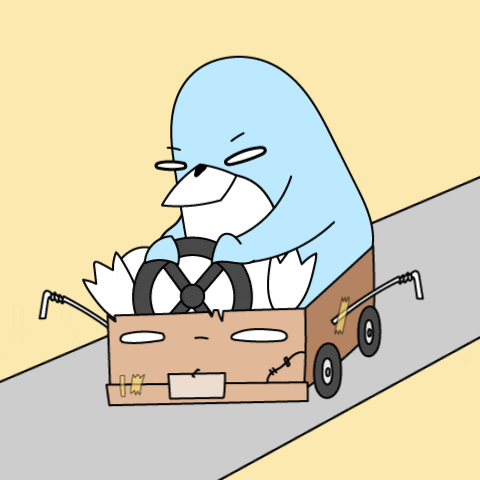 a cartoon of a bird driving a cardboard car