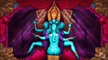 a pixel art of a statue of a woman with elephants on her head