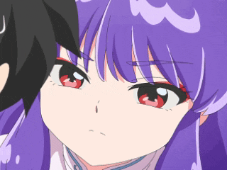 a girl with purple hair has red eyes