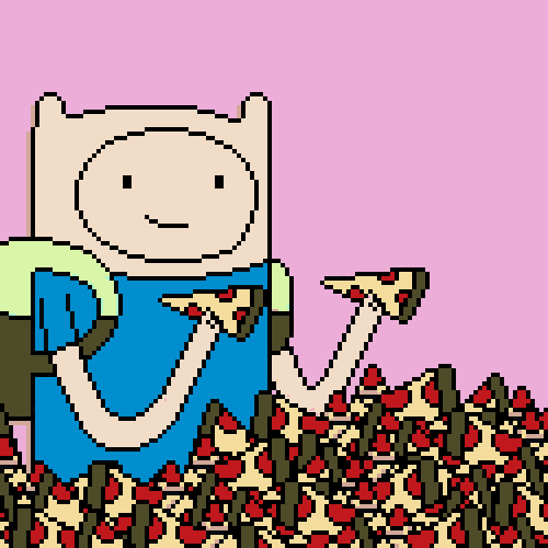 a pixel art of finn from adventure time holding a piece of pizza