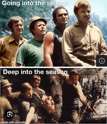 a group of men are standing next to each other with the caption going into the season and deep into the season