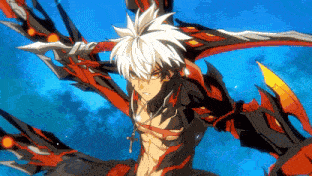 a cartoon character with white hair and red and black swords