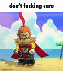 a lego monkey is standing on a beach with the caption " don 't fucking care "