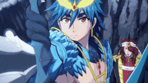 a man with blue hair and a crown is holding a sword in his hand .