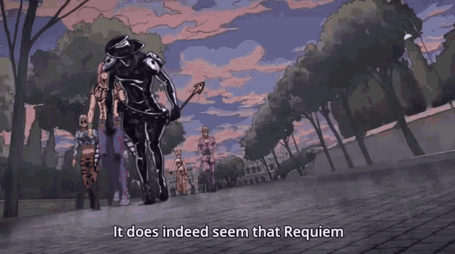 a group of people are walking down a street with the words " it does indeed seem that requiem "