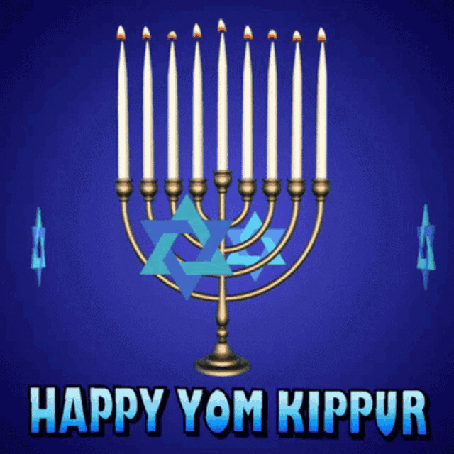 a blue background with a menorah and the words happy yom kippur on the bottom