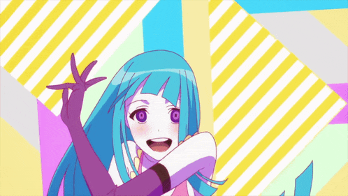 a girl with blue hair and purple eyes stands in front of a colorful striped background