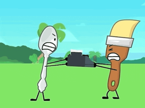 a cartoon drawing of a spoon and a brush standing next to each other