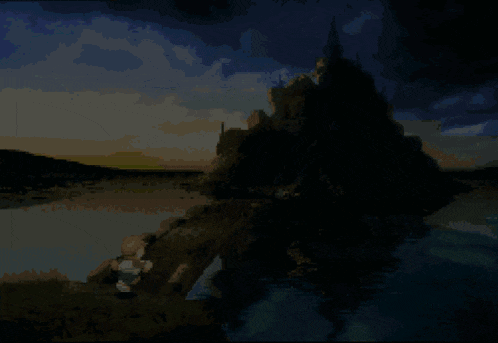 a pixel art of a castle on a small island in the middle of a body of water