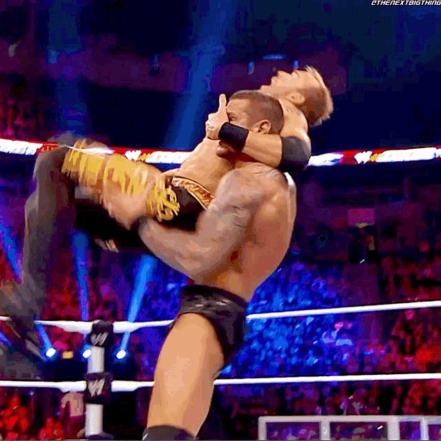 a wrestler is carrying another wrestler in his arms with the words " the next thing " on the bottom