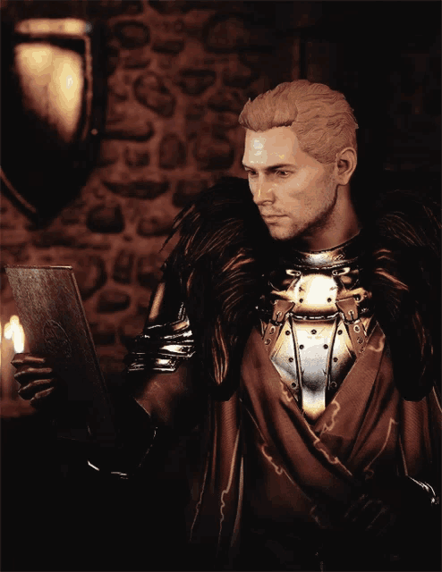 a man in armor is reading a book in front of a stone wall